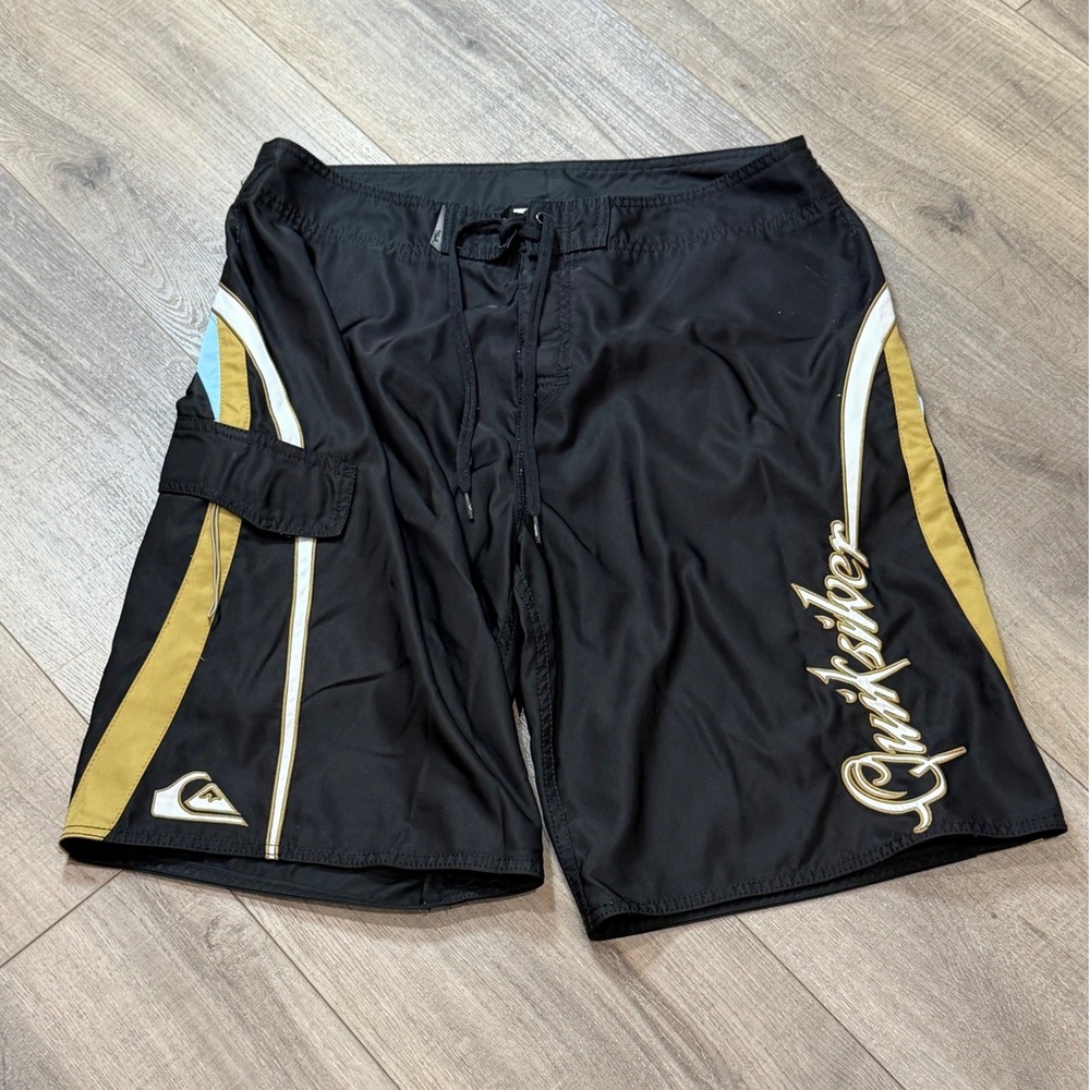 Vintage Y2K Quiksilver Mens 36 Board Shorts Black Gold Blue Embroidered RARE